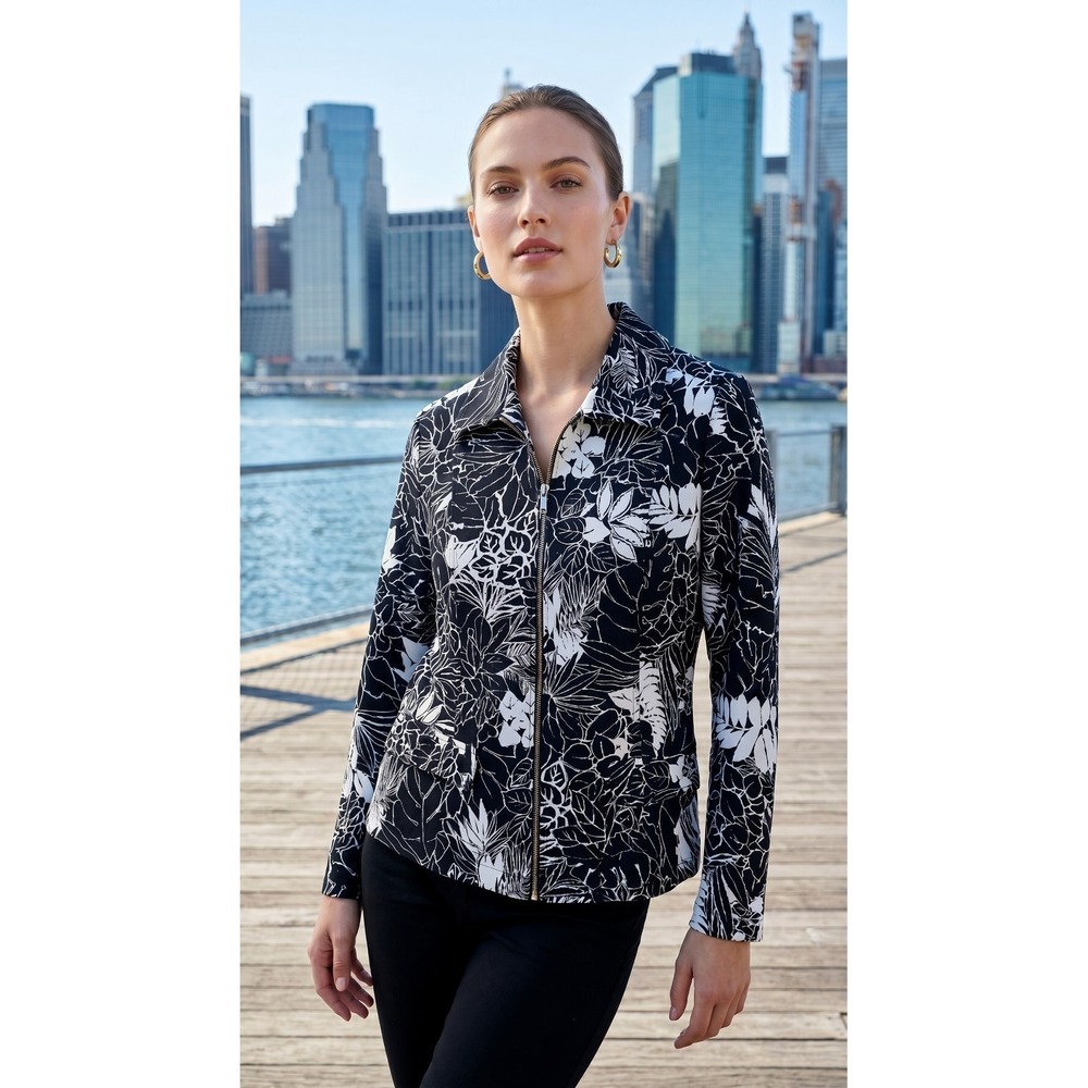 Chicos Jacket Womens 2/Large Zip Up  Black White Floral Tropical Career Preppy